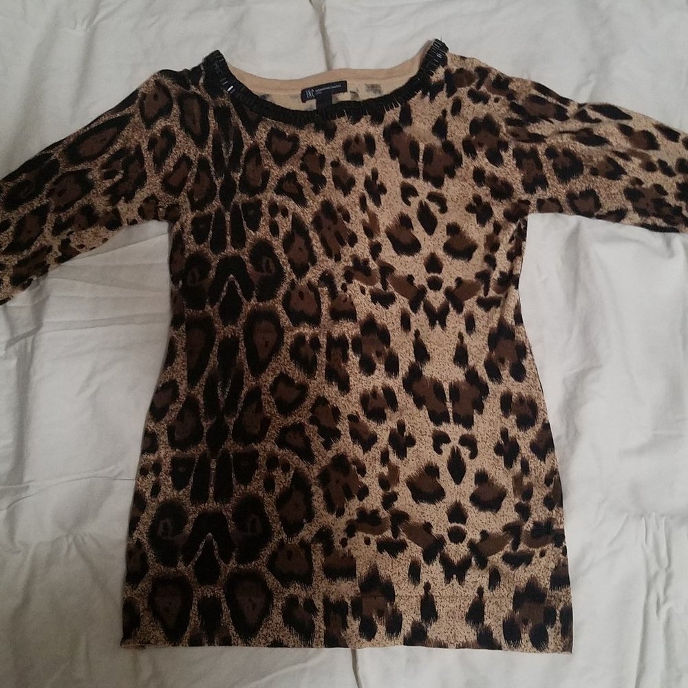 INC Leopard print jeweled neck sweater